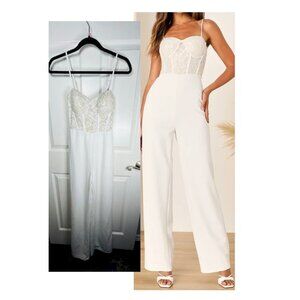 Lulu's White Lace Bustier Jumpsuit